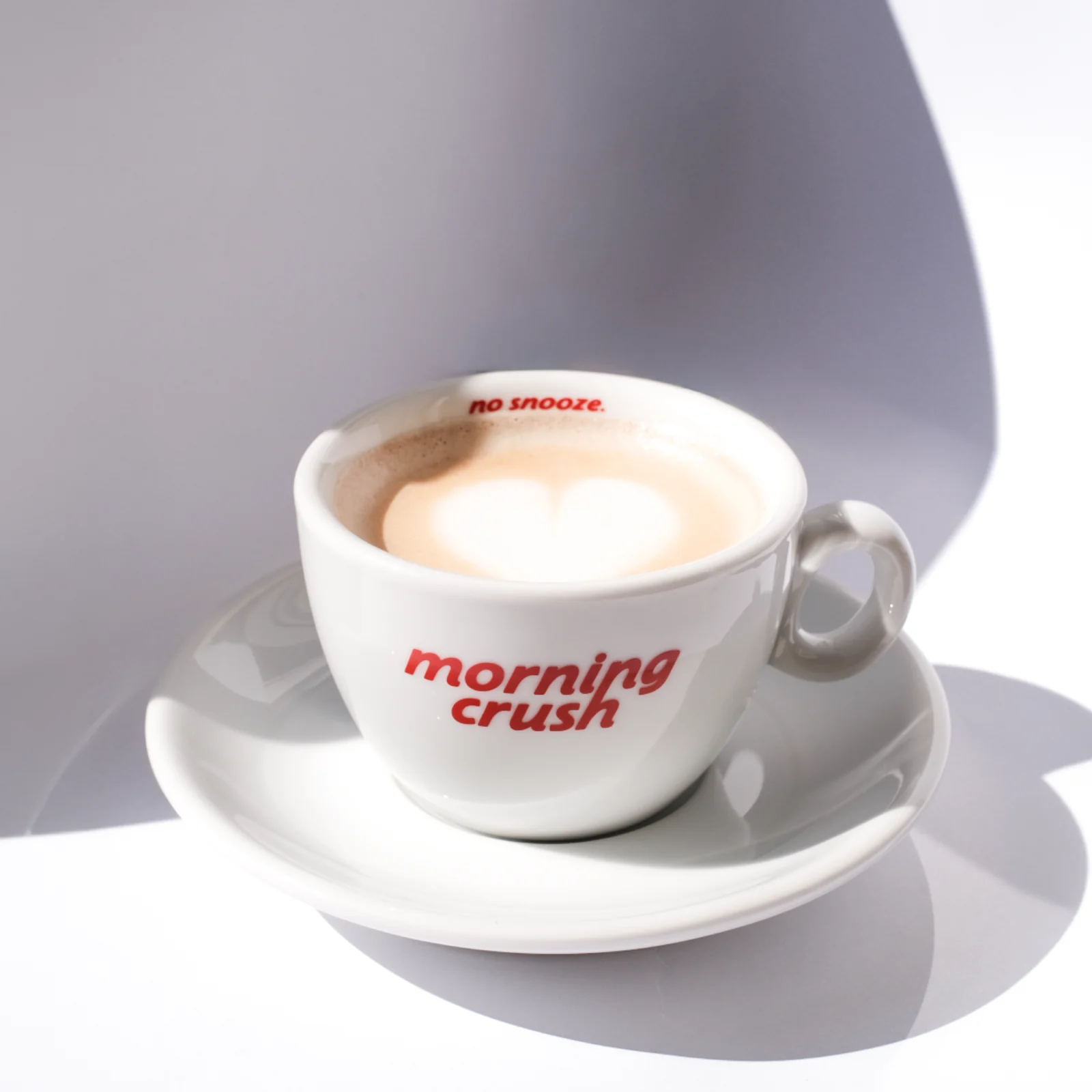 Morning Crush designer cappuccino cup by artless STUDIO — bold typography on white porcelain