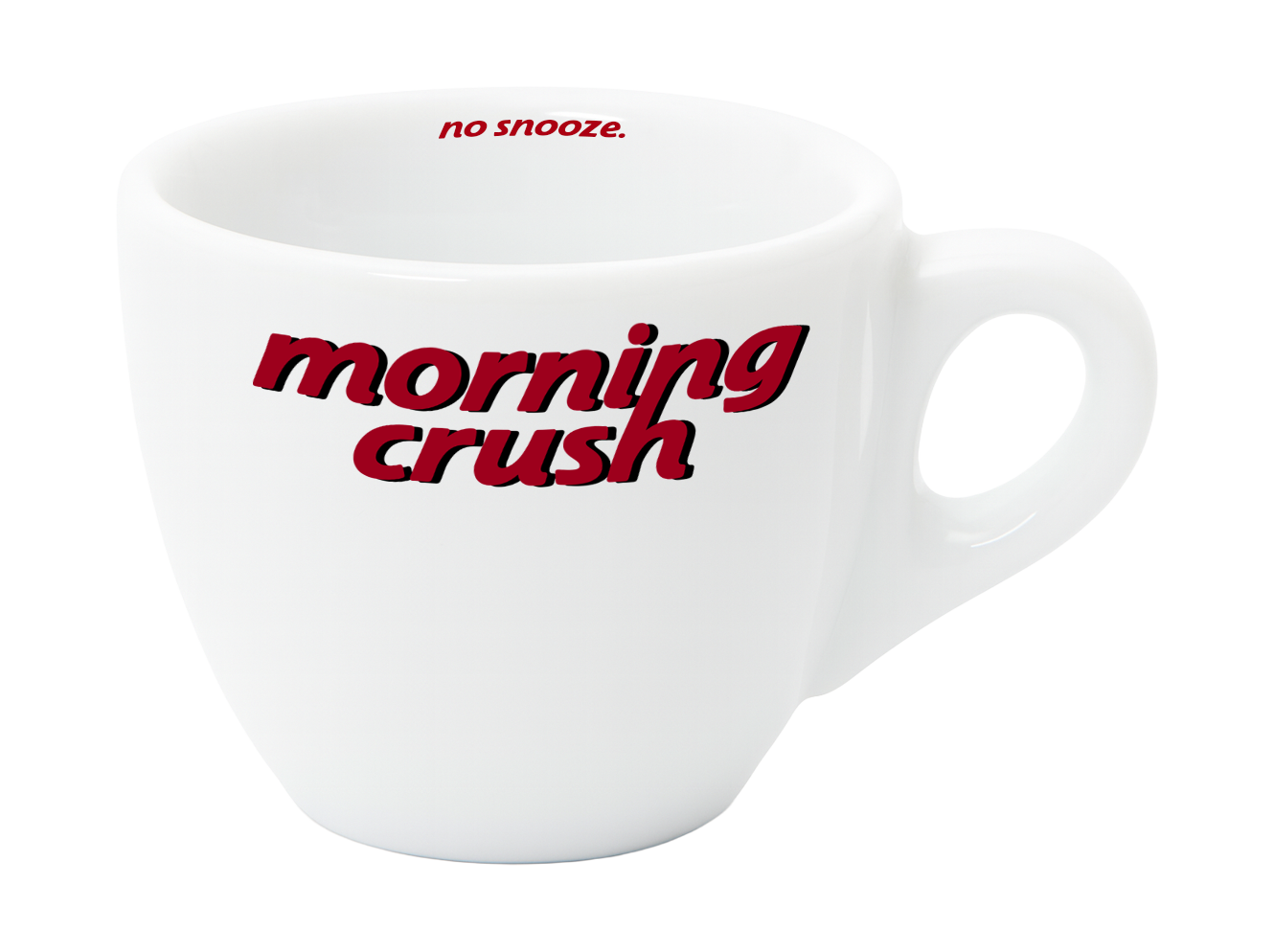 Morning Crush designer espresso cup by artless STUDIO — bold black typography on white porcelain