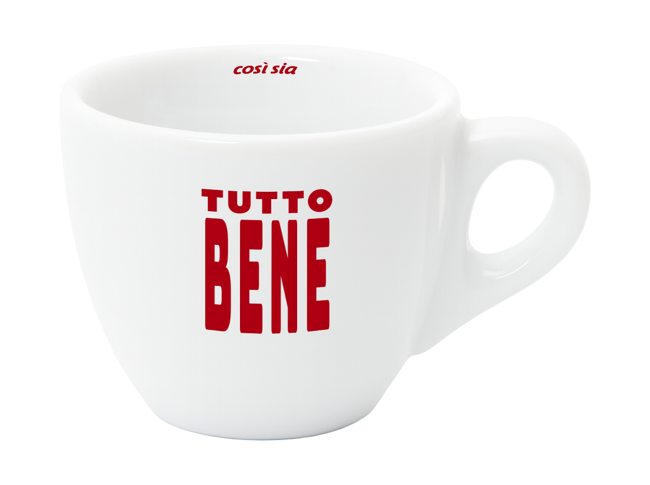 Tutto Bene designer espresso cup by artless STUDIO — bold red typography on white porcelain